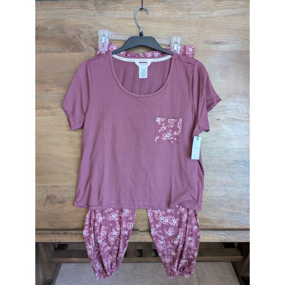 Lucky Brand Pajama Set Women's Large Dark Pink Floral Sleepwear Jogger Stretch - Picture 1 of 3